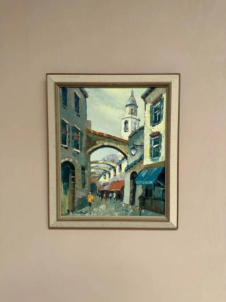 Original Swedish Oil on Canvas –“Market Alley” by B. Komino – Signed – Vintage & Framed –57 × 61 cm