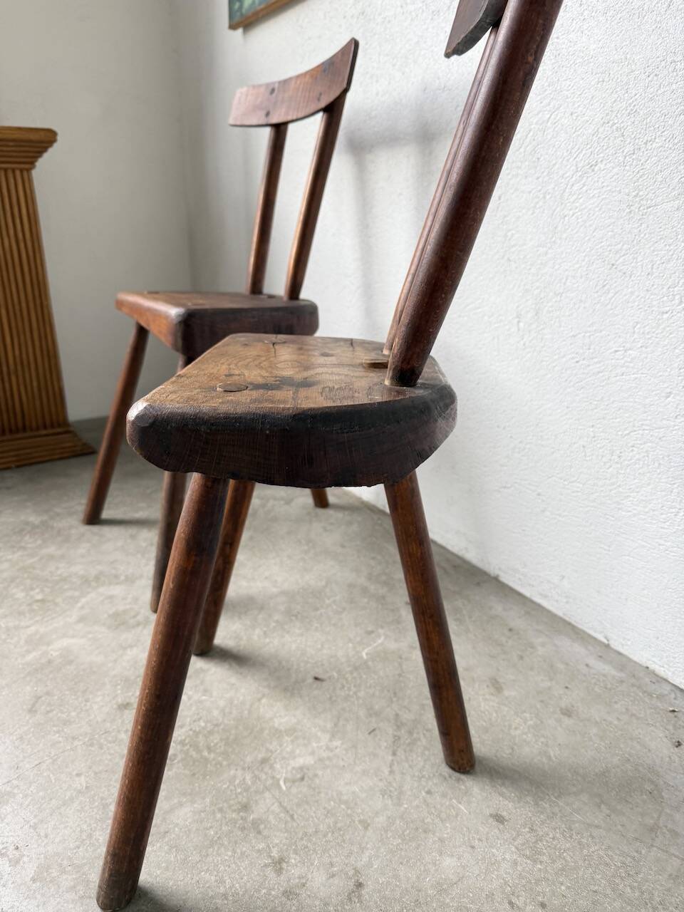 Pair of Savoyard tripod chairs, folk art, oak.