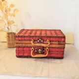 Vintage red woven wicker briefcase with leather buckle - rattan