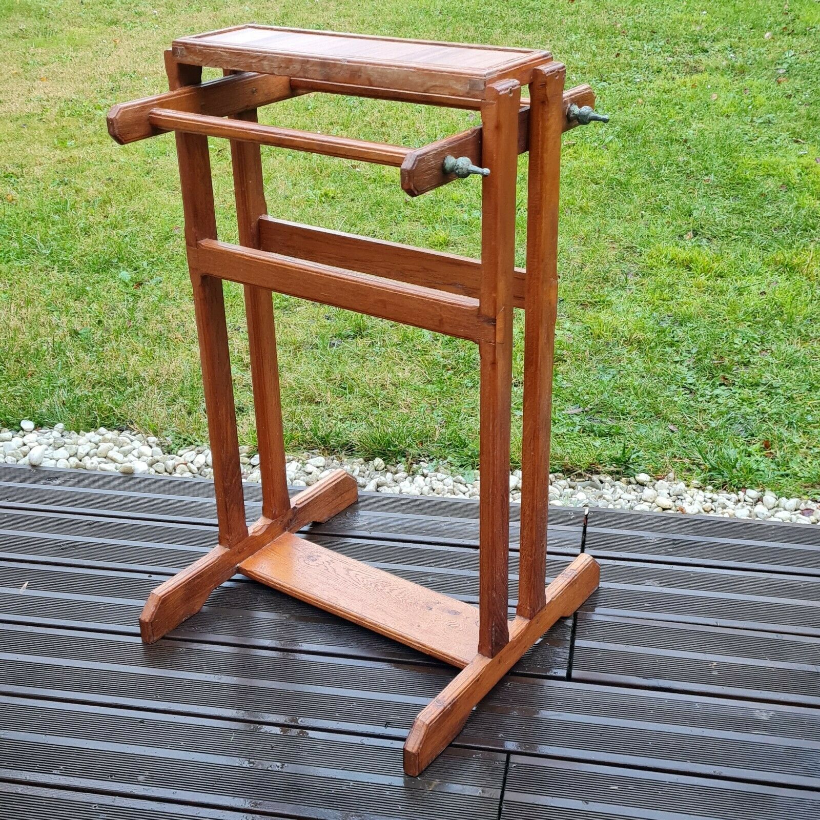 Towel rack on art deco wooden legs