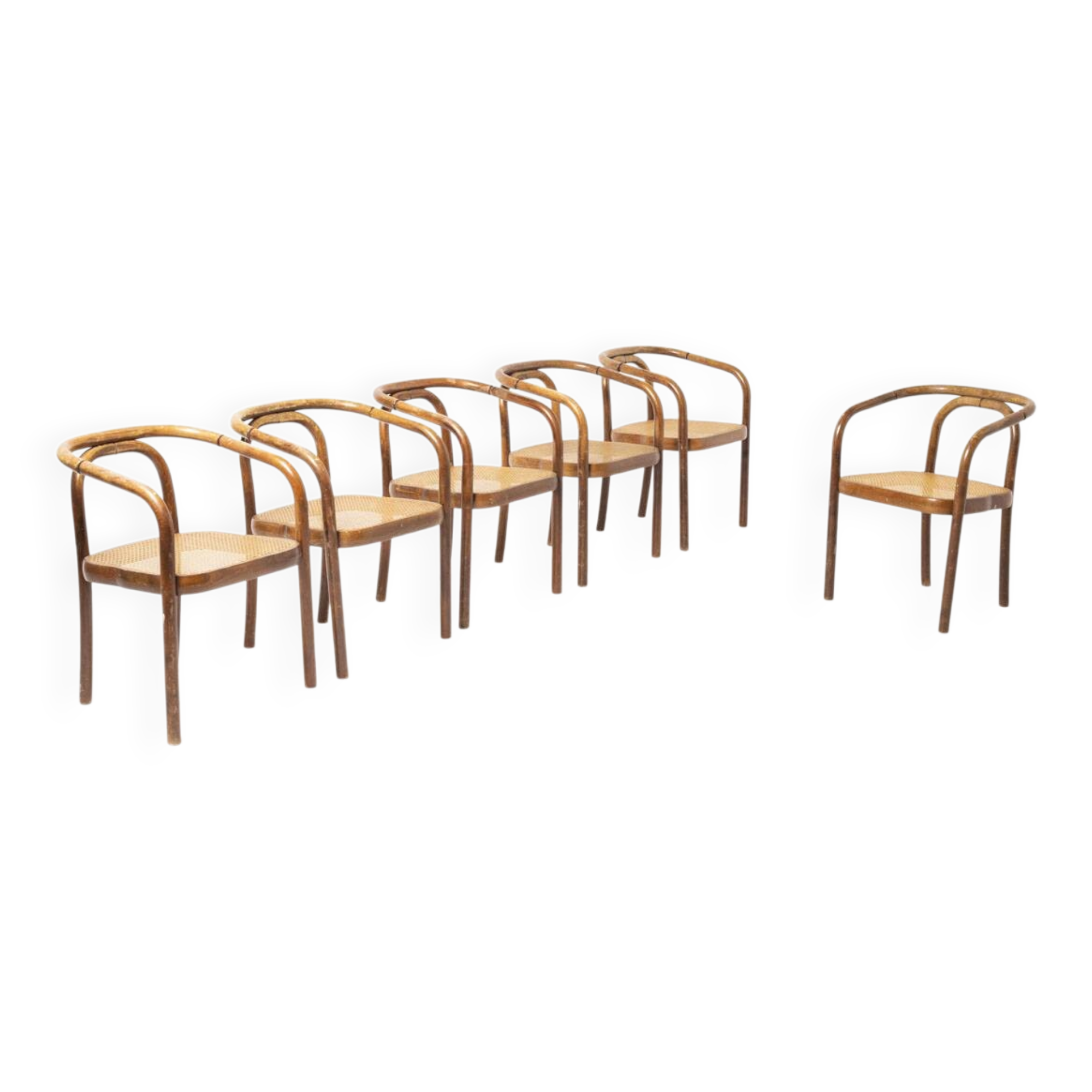Ensemble de 6 chaises de salle à manger en bois et en rotin synthétique par Antonin Sumen pour Ton.