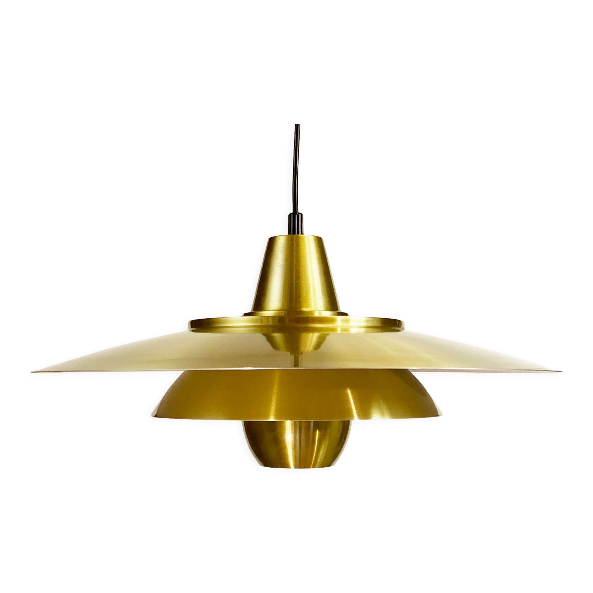 Large brushed aluminum pendant light with golden finish. Produced by Jeka. Denmark 1970s