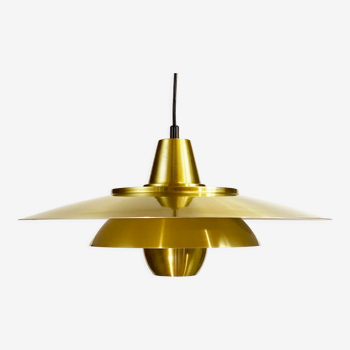 Large brushed aluminum pendant light with golden finish. Produced by Jeka. Denmark 1970s