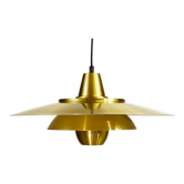 Large brushed aluminum pendant light with golden finish. Produced by Jeka. Denmark 1970s