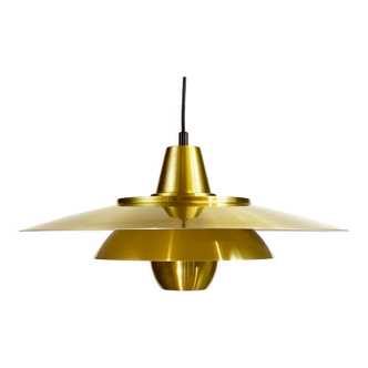 Large brushed aluminum pendant light with golden finish. Produced by Jeka. Denmark 1970s