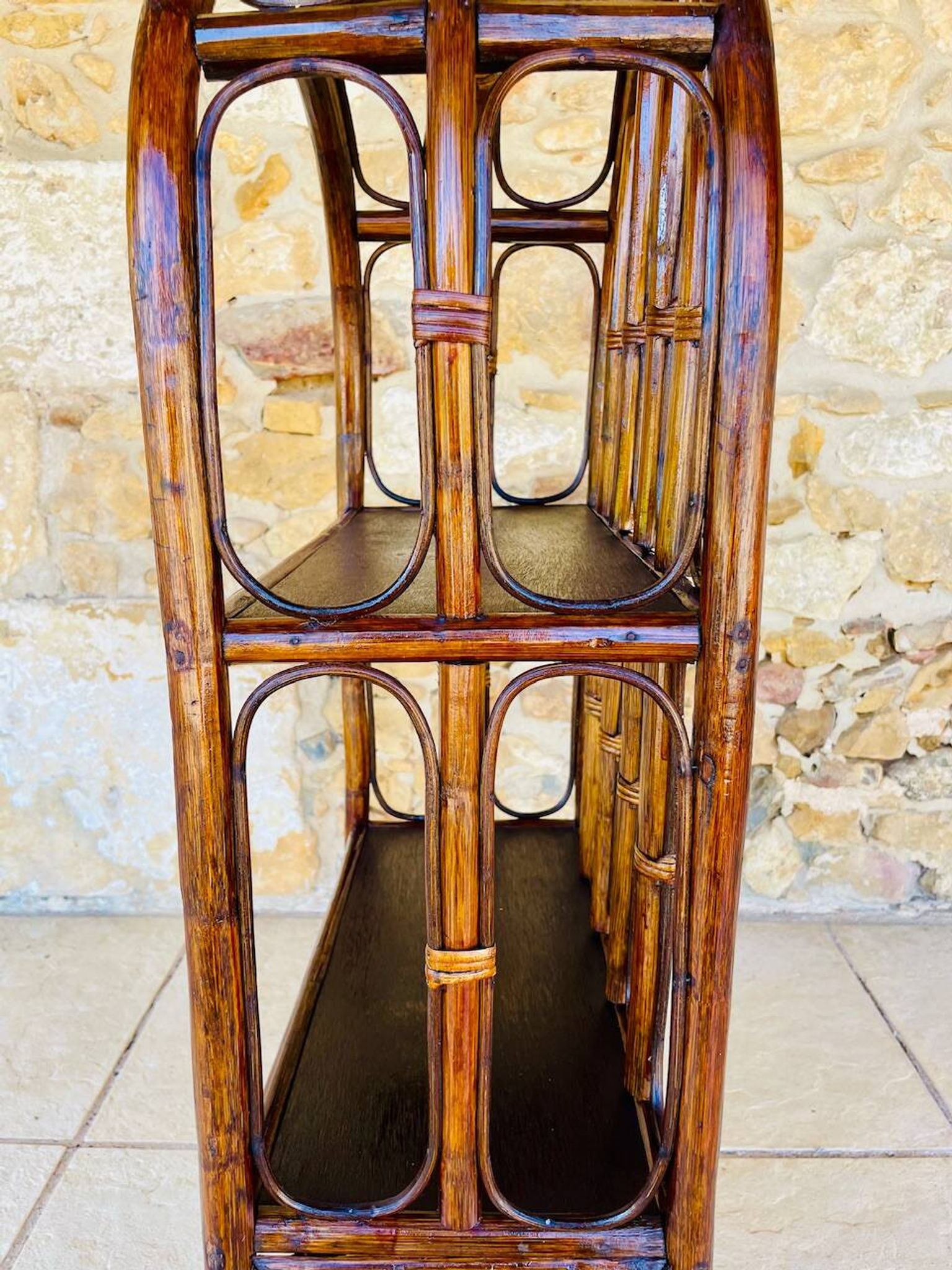 Vintage two-tier bamboo and rattan shelf with storage, Circa 1960