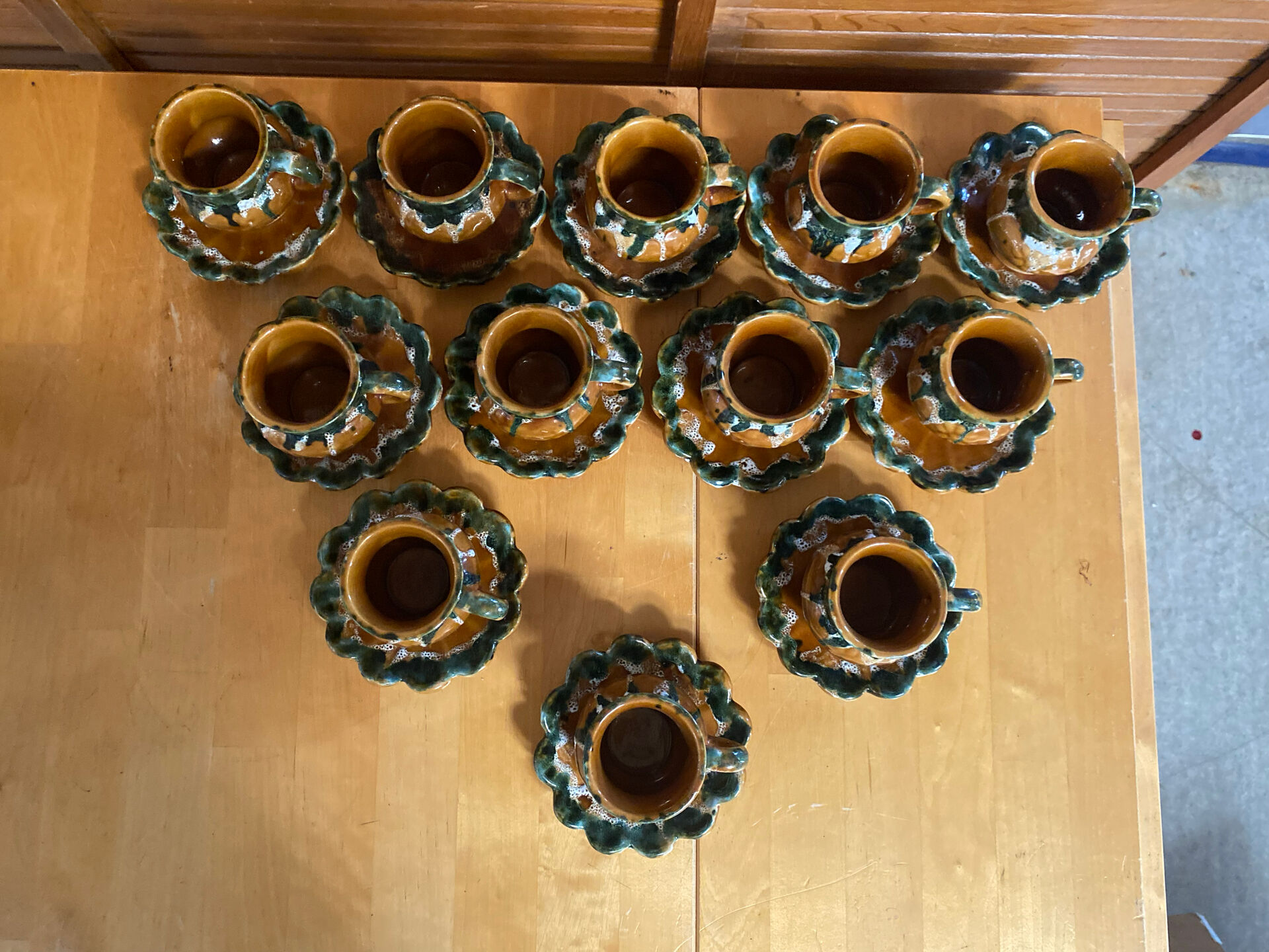 Vintage French café service set, 27 pieces, old pottery from Maine.