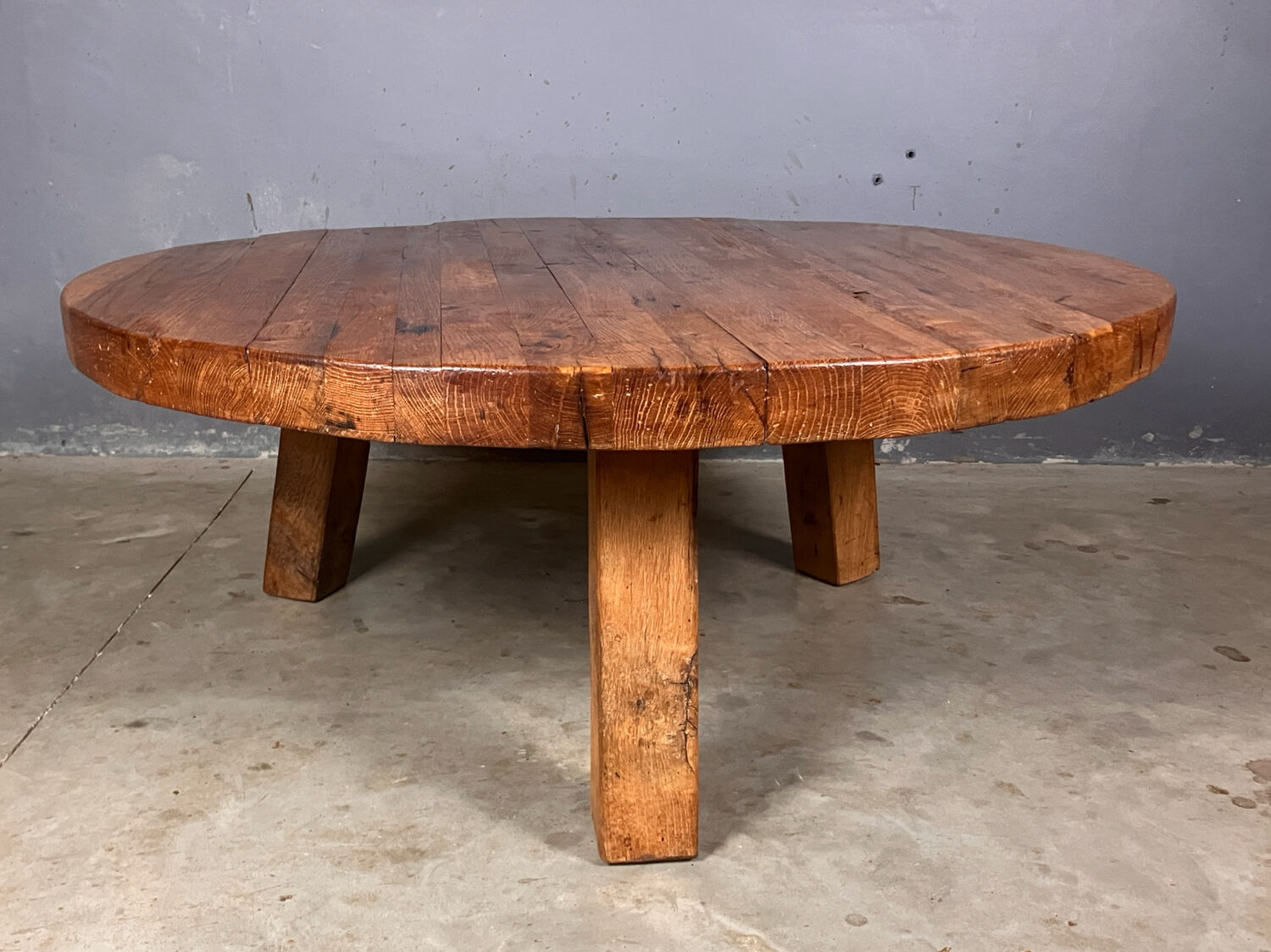 Brutalist oak coffee table thee legs