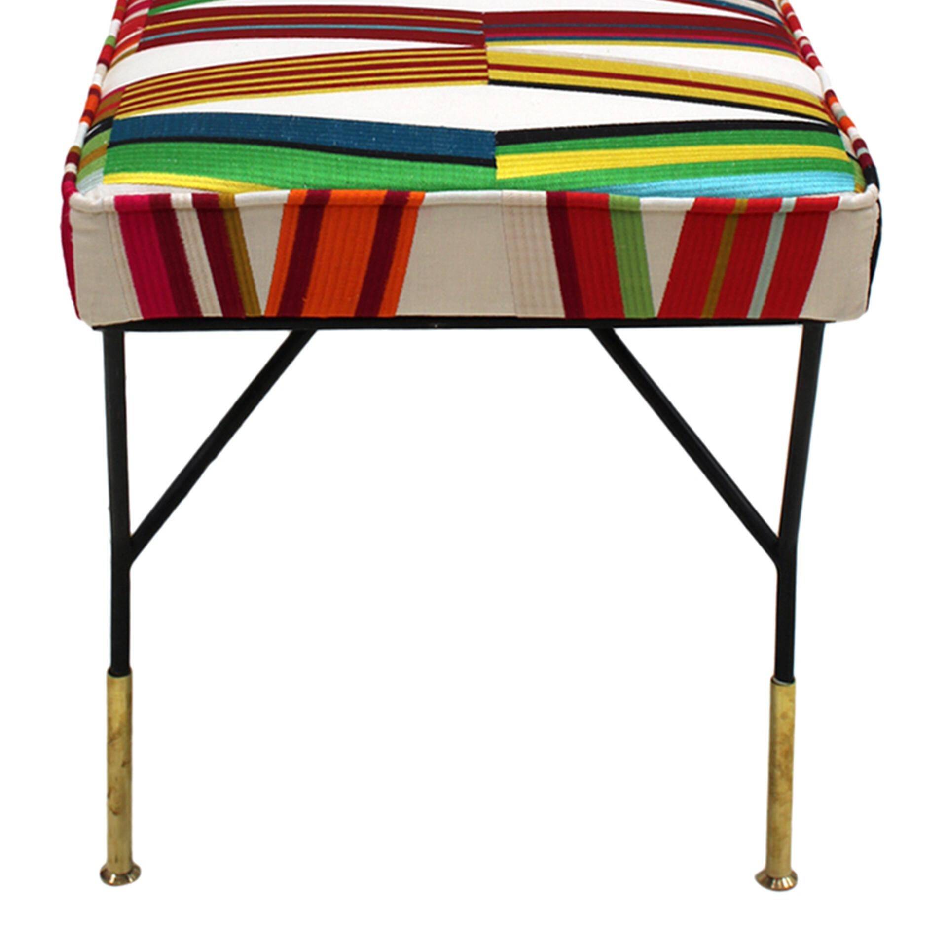 Mid Century Modern Rectangular Footstool with Geometric Multicoloured Fabric
