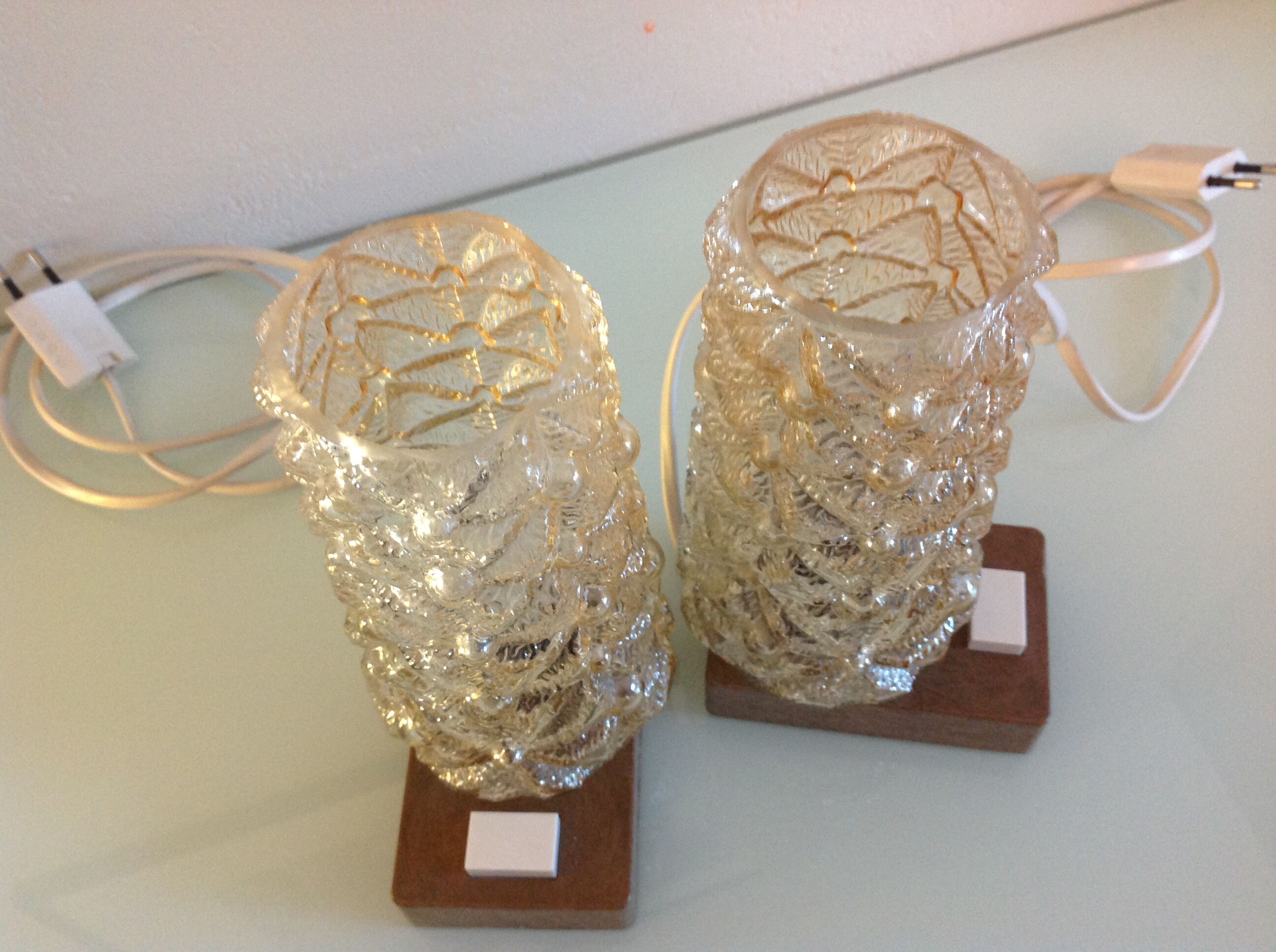 Pair of vintage bedside lamps in conical smoked glass