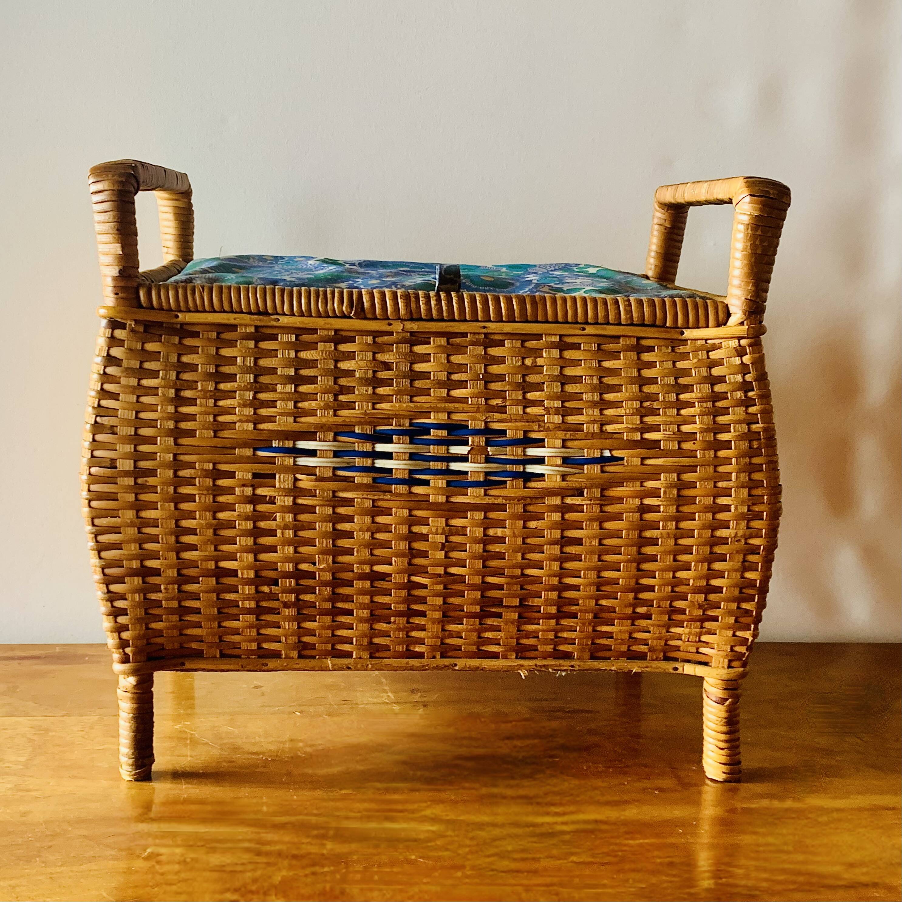 Large vintage rattan and wicker sewing basket with fabric seat