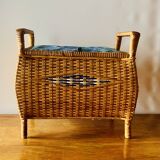 Large vintage rattan and wicker sewing basket with fabric seat