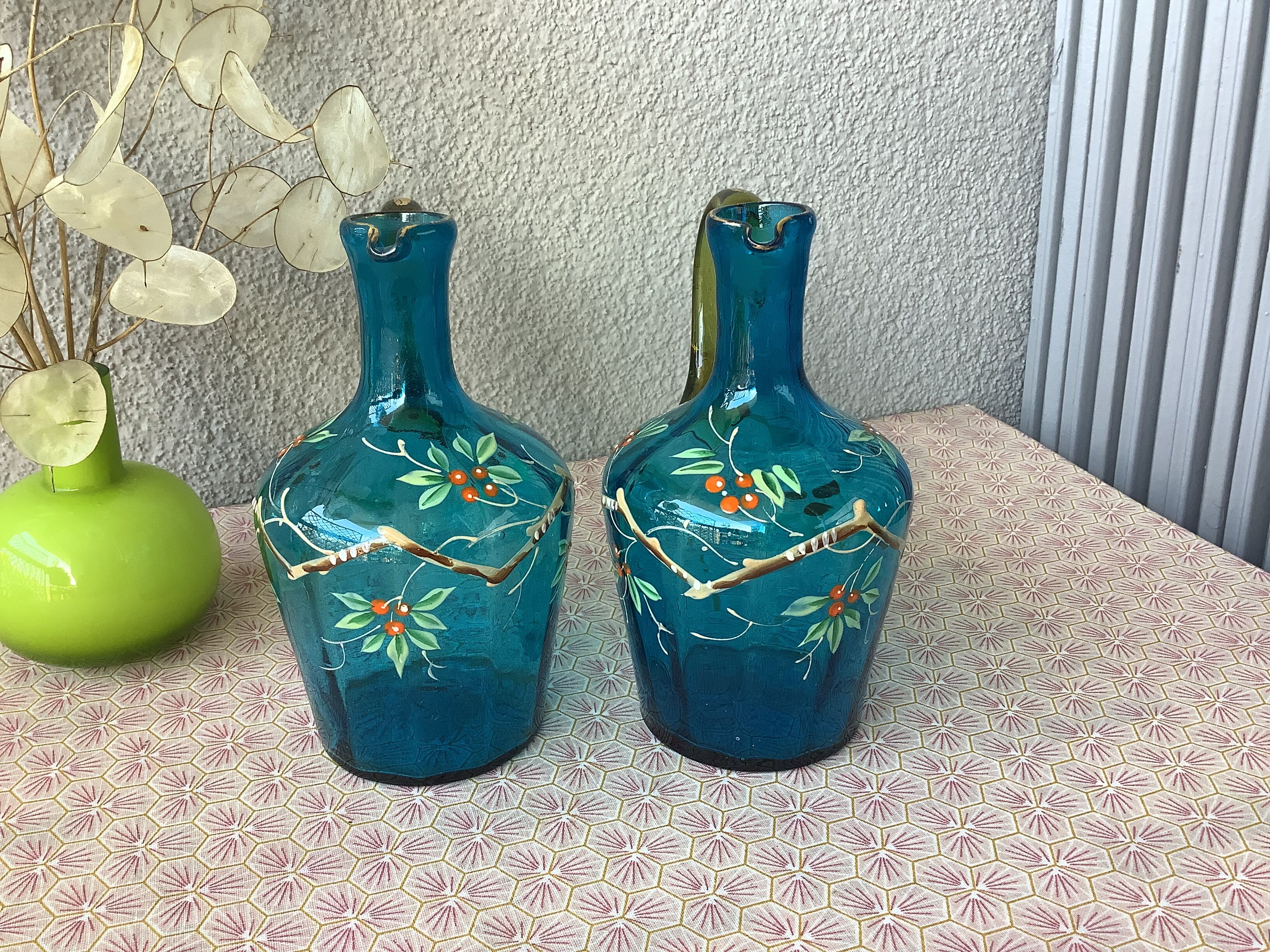 19th century enamelled blown glass liqueur decanters, called Georges Sand