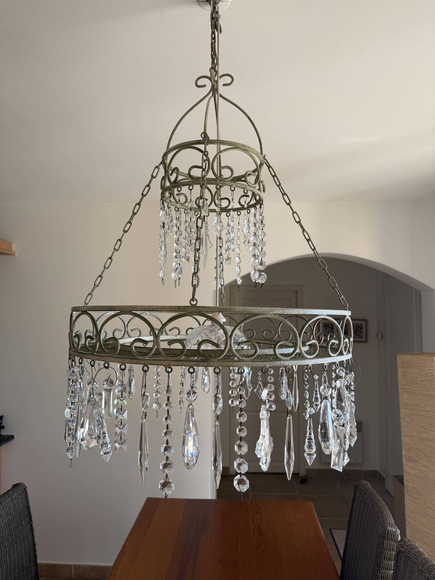 Patinated iron chandelier with pendants, romantic / shabby chic style.