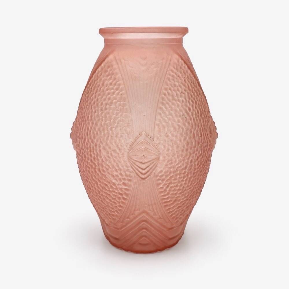 Art Deco vase, pressed moulded glass, pink with geometric decoration.