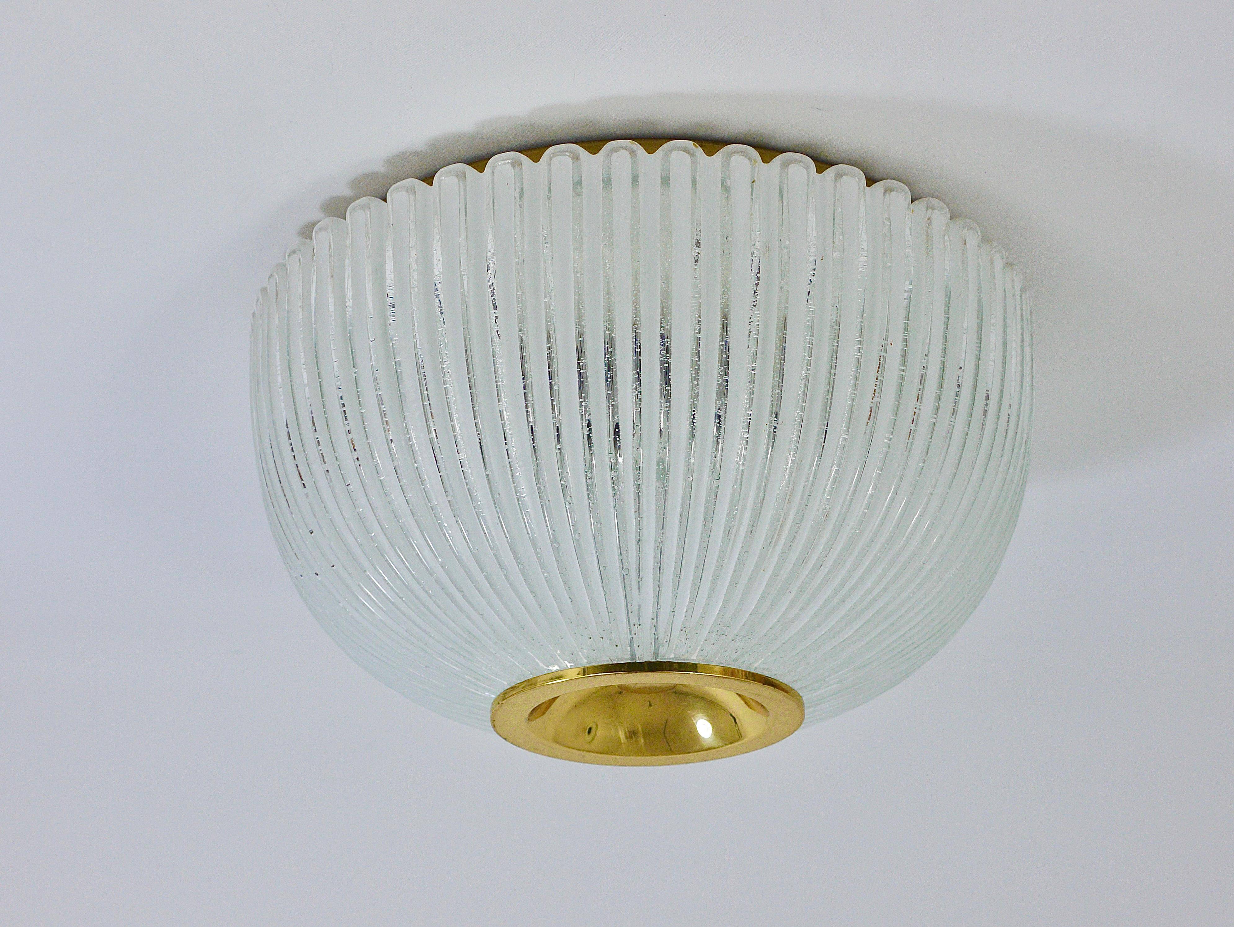 Large striped glass ceiling lamp in brass, Limburg, Germany, 1970s.