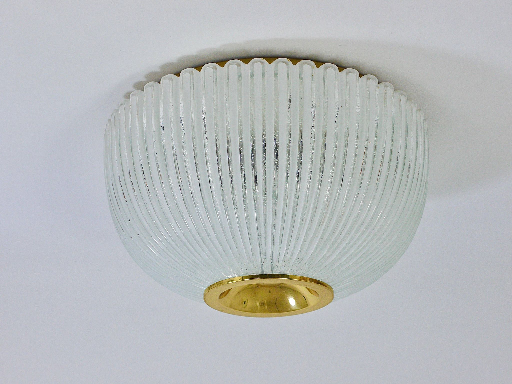 Large striped glass ceiling lamp in brass, Limburg, Germany, 1970s.