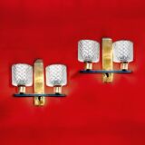 Pair of wall sconces in gilded brass and textured glass