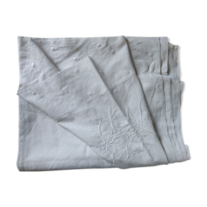 Drap plat ancien en lin monogrammé 190 x 260 cm CK