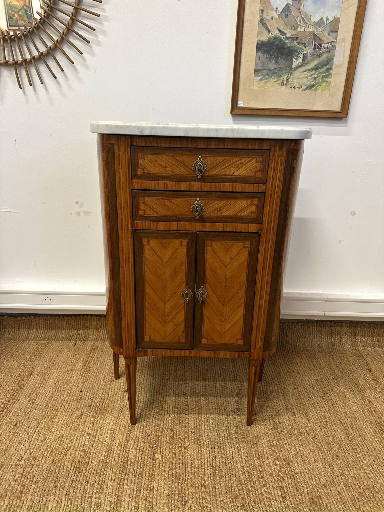Small half-moon chest of drawers in Louis XVI style – marquetry and marble top