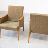 Pair of vintage armchairs in oak and embossed fabric, with old republished certificate of authenticity