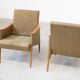 Pair of vintage armchairs in oak and embossed fabric, with old republished certificate of authenticity