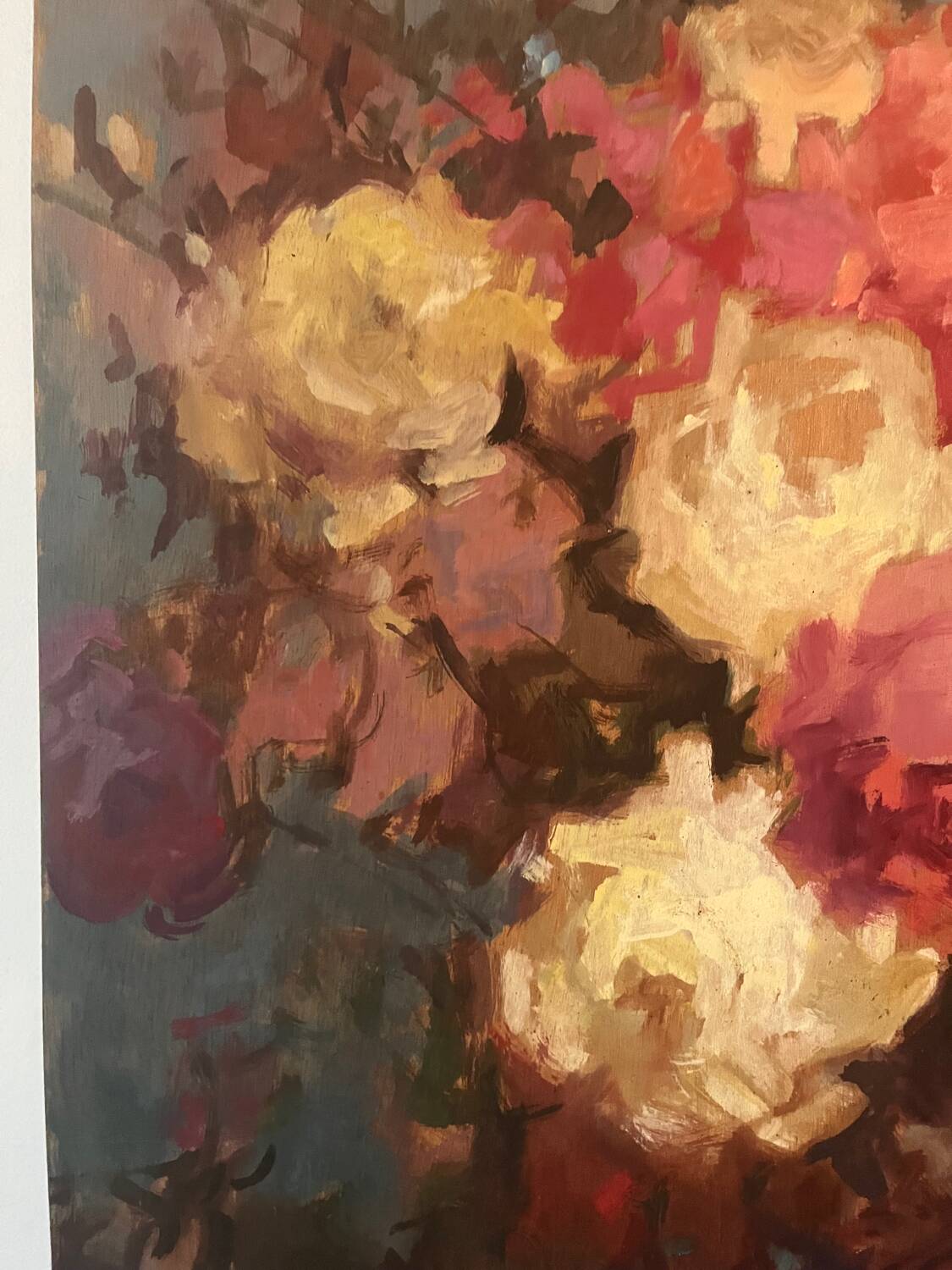 Large bouquet of roses, oil on wood panel, signed