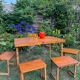 Old suitcase, table and stools, vintage wooden picnic
