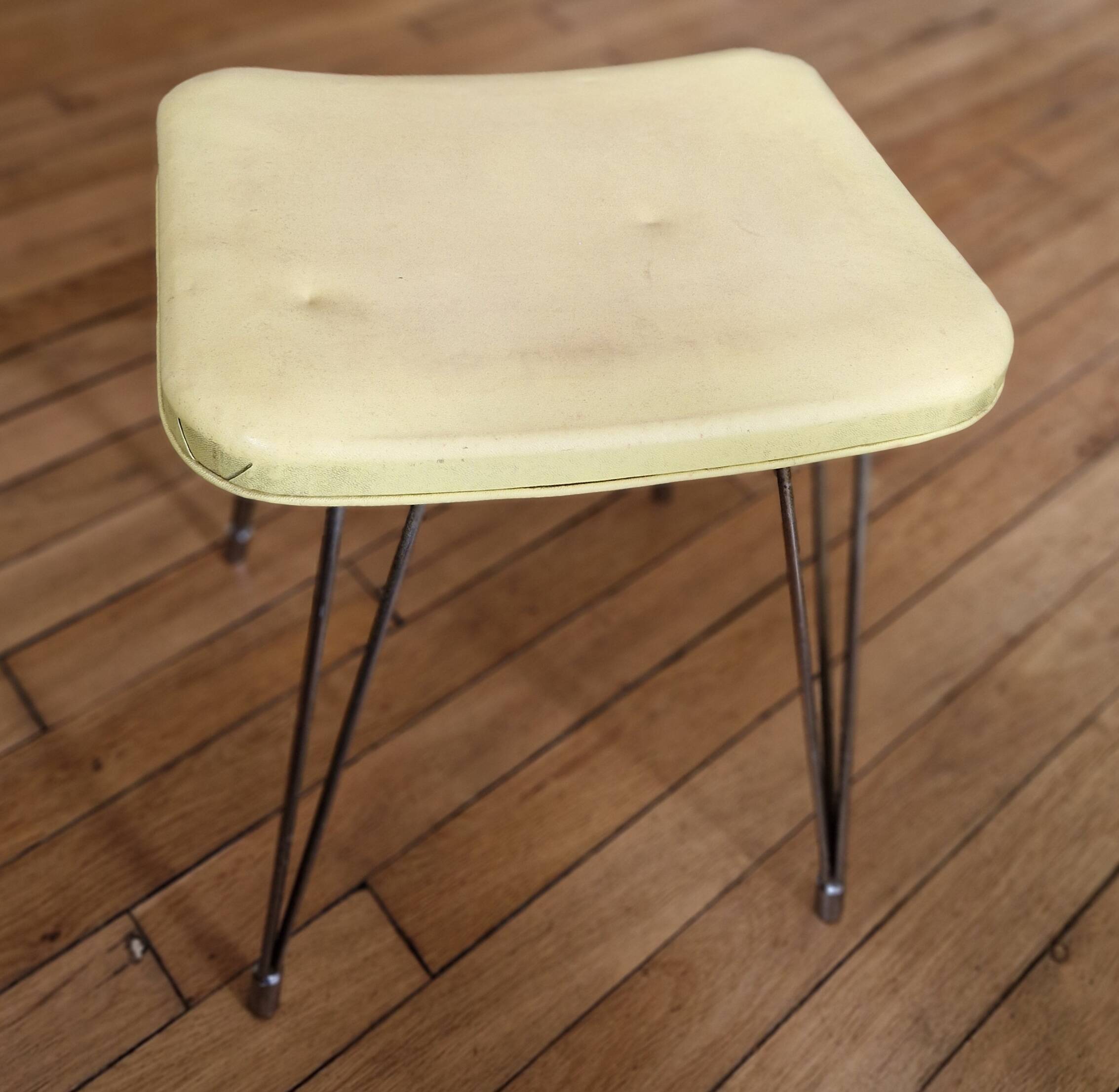 Vintage yellow leatherette stool from the 1950s
