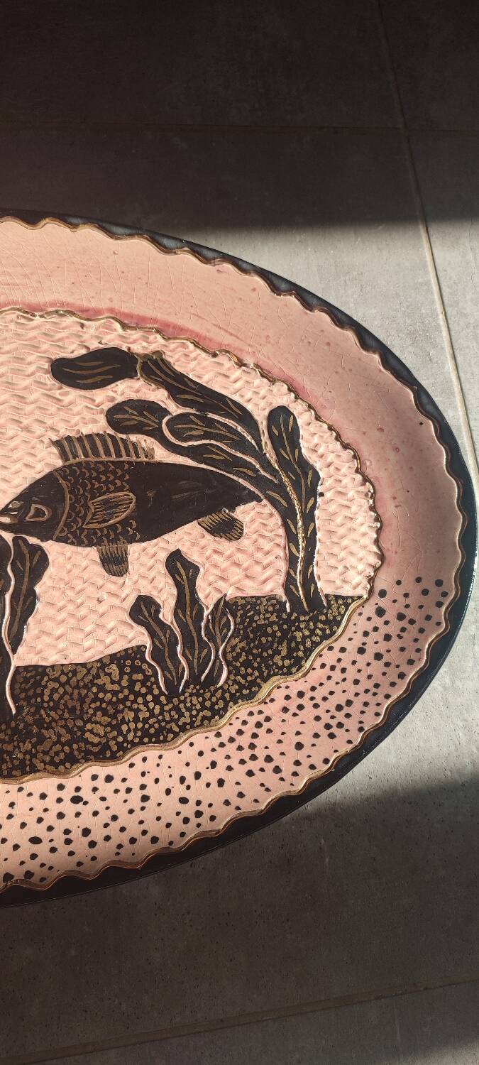 Large enamelled earthenware dish signed Tony Jaillet from the 1950s-60s.