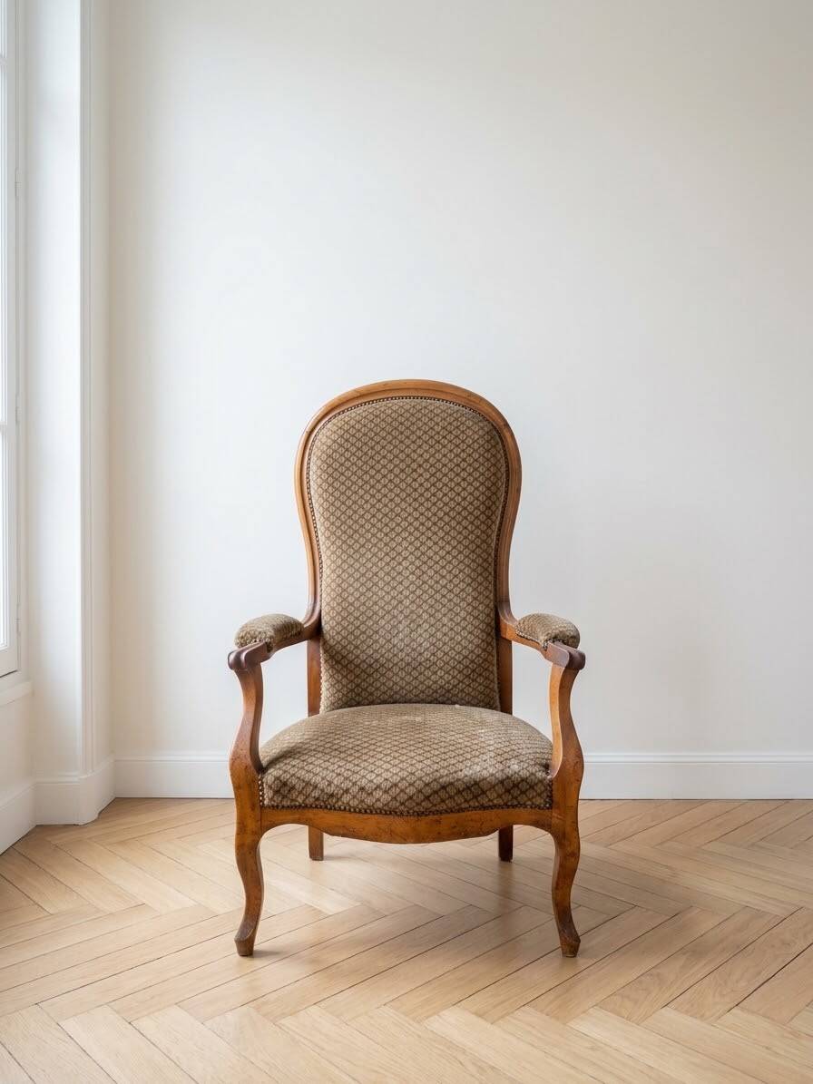 Classic Voltaire Armchair in Wood and Brown Fabric