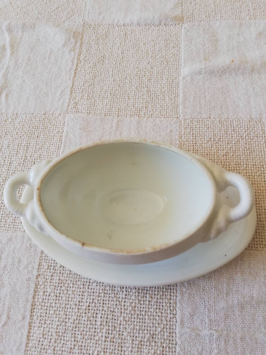 Vintage white earthenware mustard pot or sauce boat.