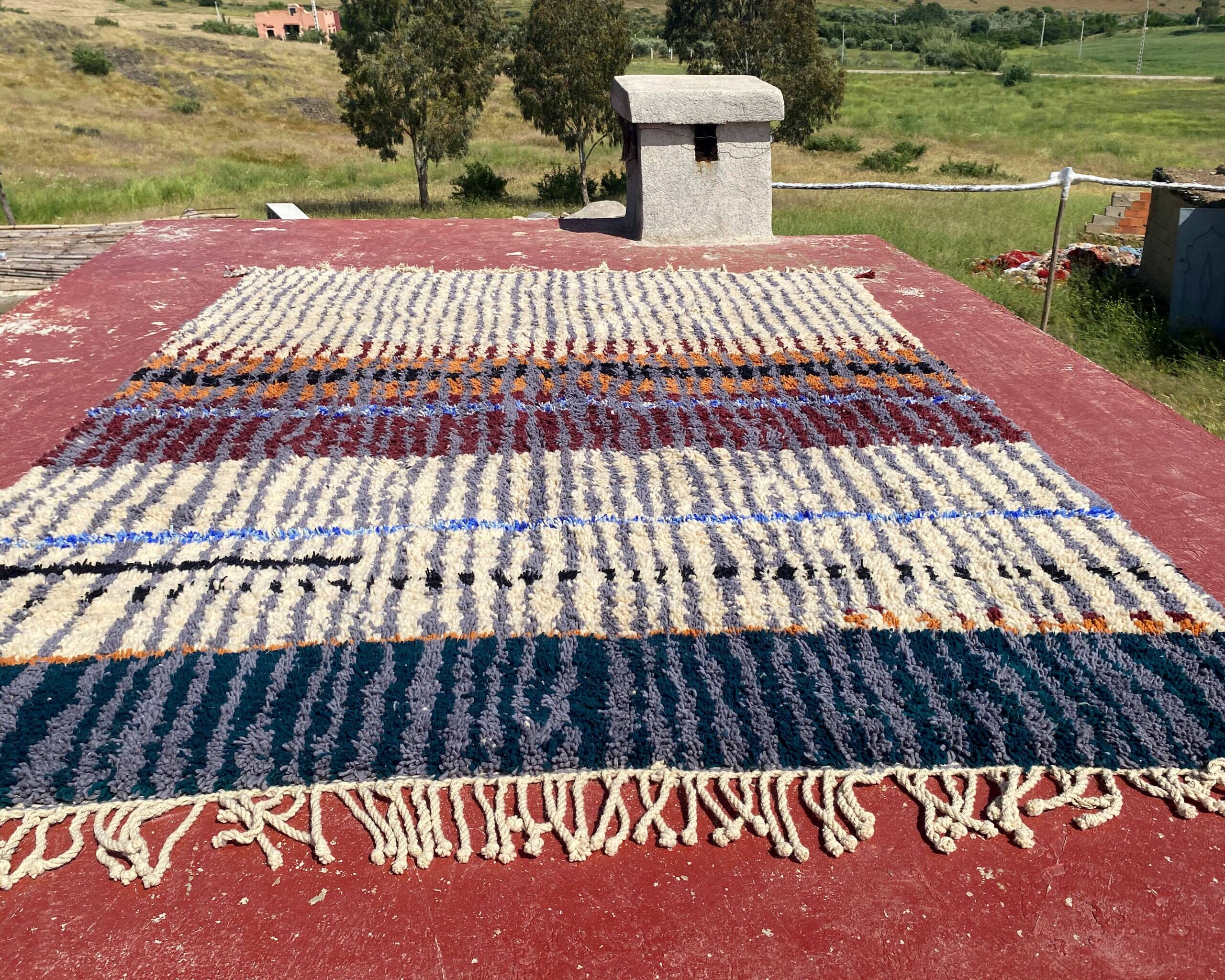 Vintage Moroccan Berber rug with multicoloured stripes – 332 x 244 cm