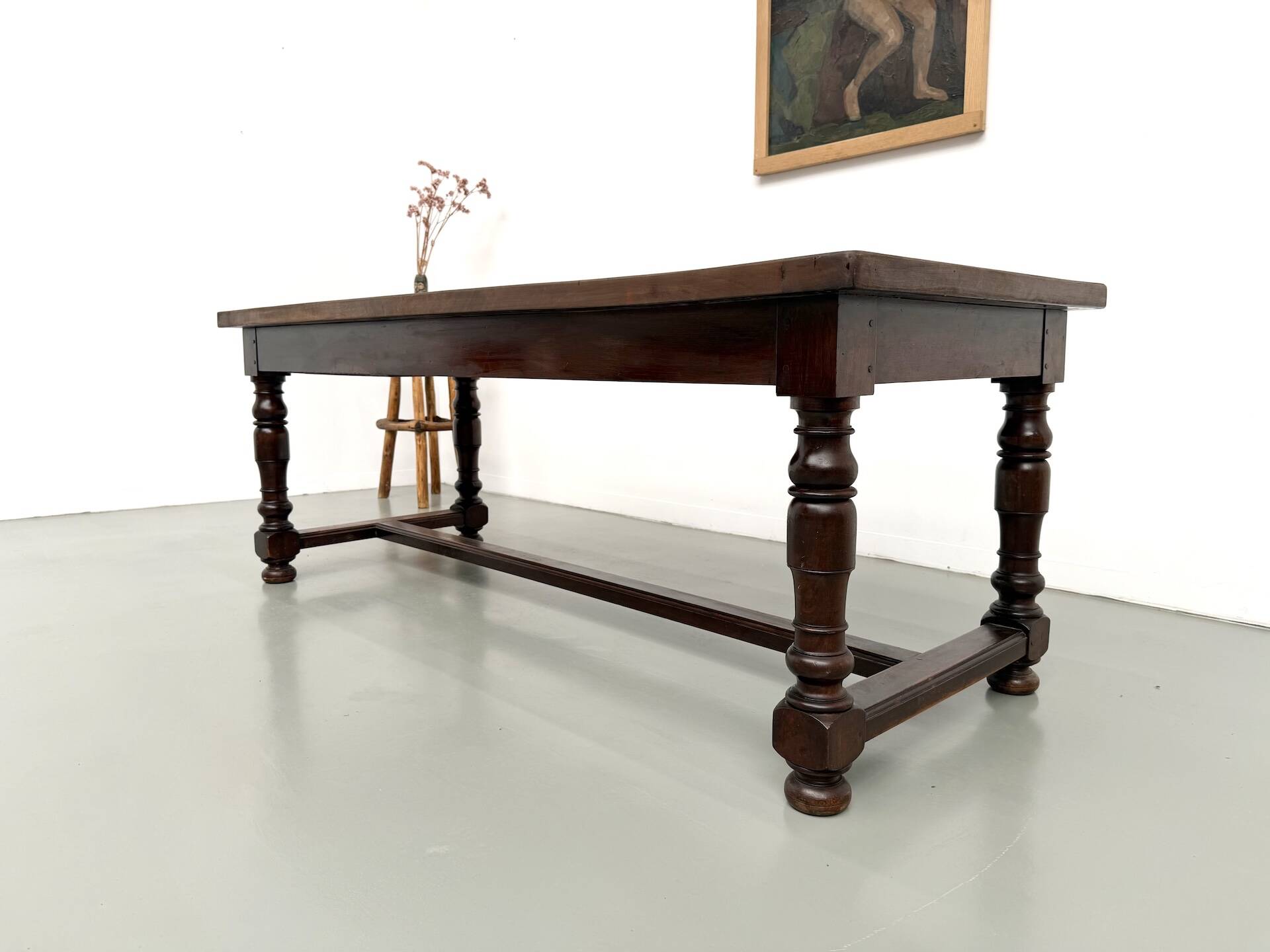 Farm table in solid walnut, turned legs, 1950s.