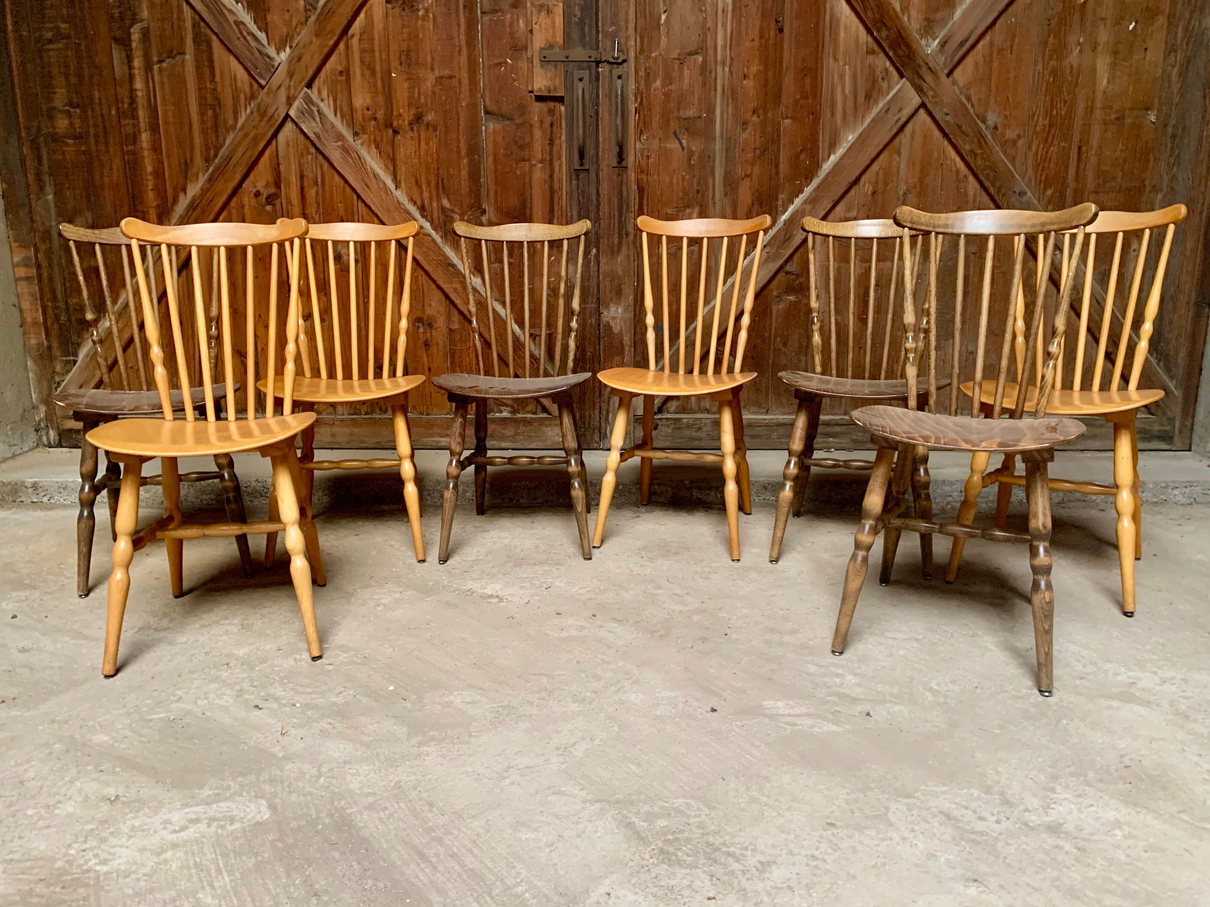 Series lot of 8 chairs bistrot Baumann modele menuet light wood dark wood