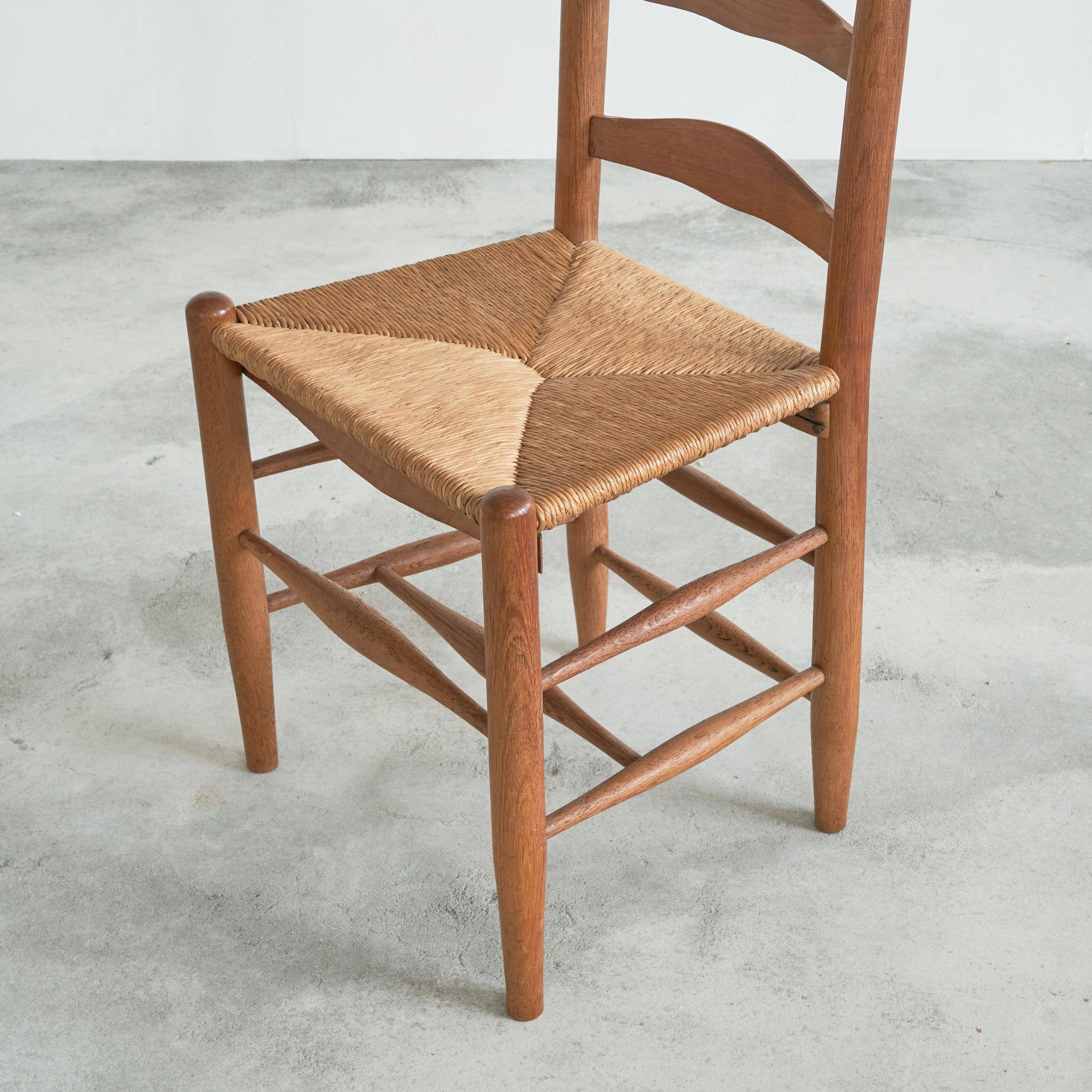 6 solid oak and woven bamboo chairs, mid-century, 1950s