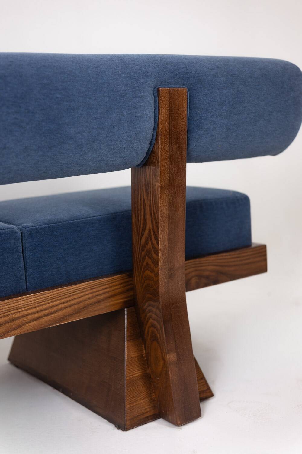 Three-seater bench in light ash and blue mohair velvet. Contemporary.
