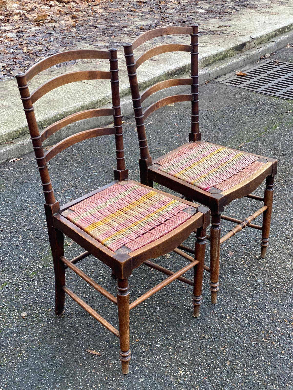 Two 19th-century carved chairs in solid wood and woven rope