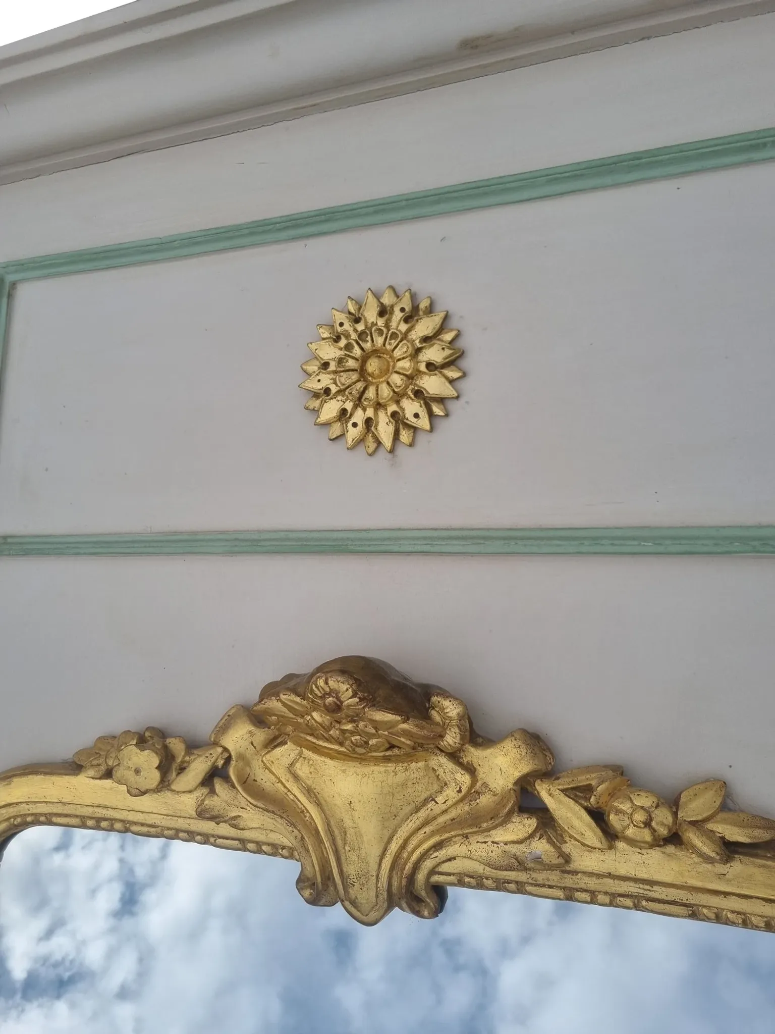 Large French mirror in architectural panel with gilt frame