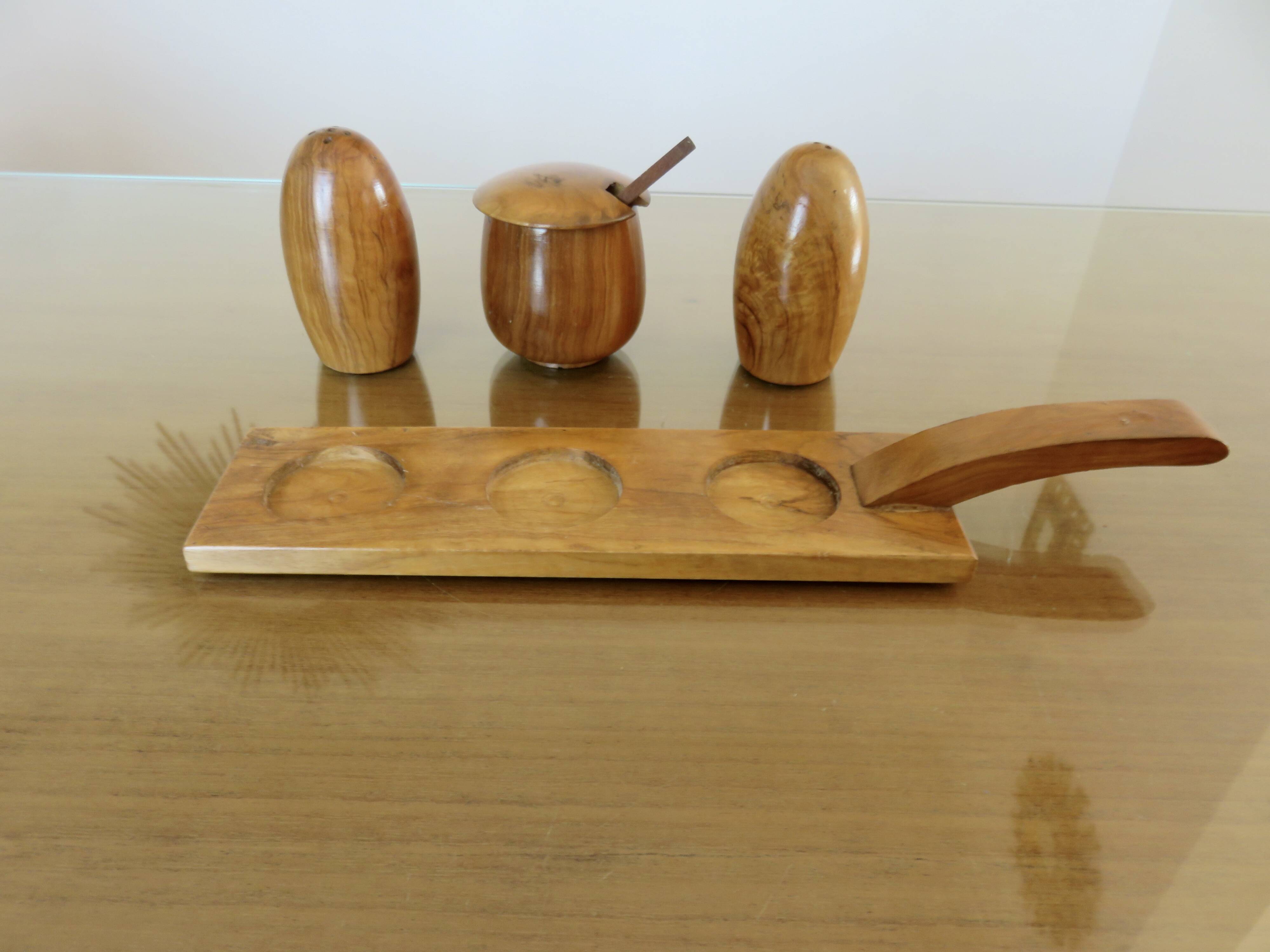 Scandinavian server, salt, pepper, mustard in teak 1960-70