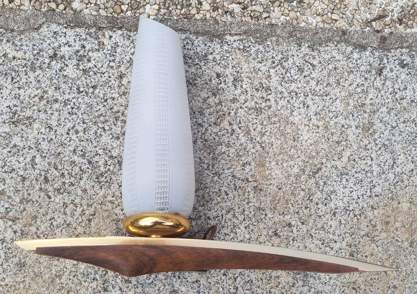 Pair of Scandinavian wall lights, teak, brass and opaline, vintage, 60s