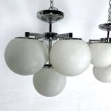 Space age style, Vintage Pair of ceiling lamps in chrome and opaline glass. Italy 1980s