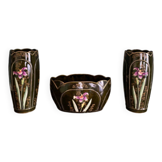 Rare Art Nouveau Ensemble circa 1900 – Glazed ceramic with iris decoration – Trio