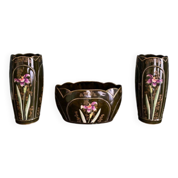 Rare Ensemble Art Nouveau vers 1900 – Céramique émaillée décor iris – Trio