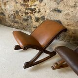 Set of 2 wooden and studded leather footrests