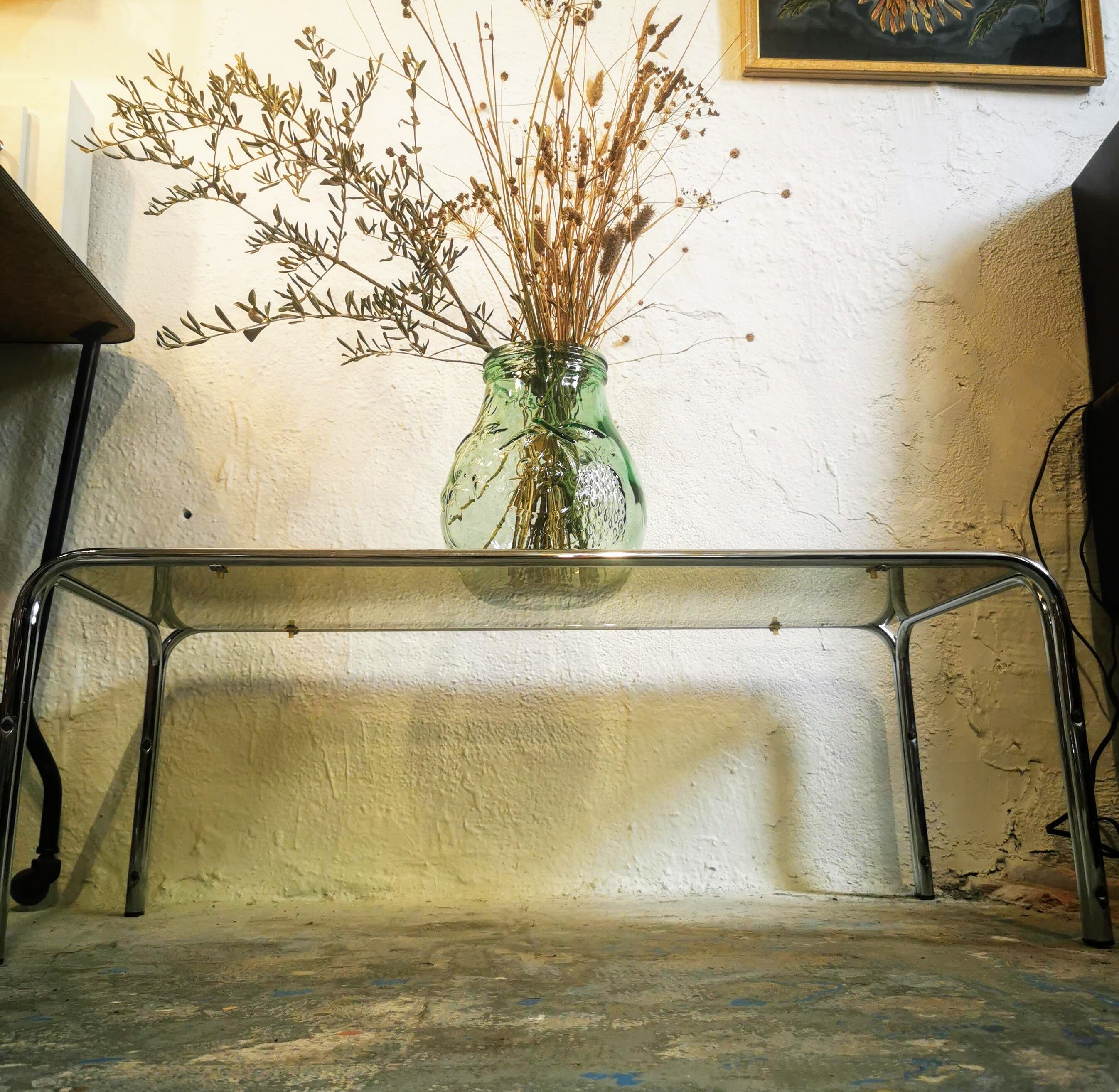 Vintage chrome metal coffee table and smoked glass tray, 70s