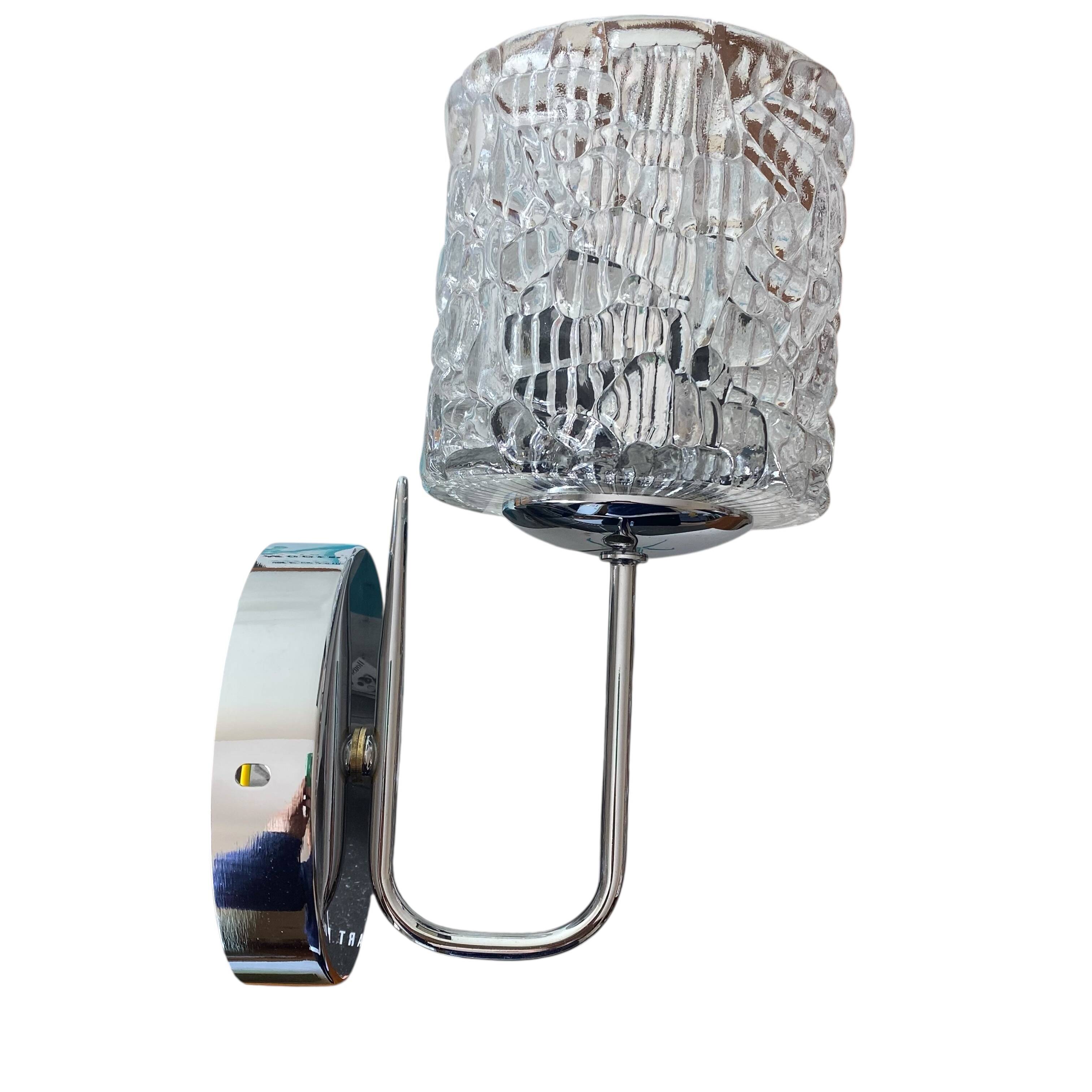 Swan neck wall light in stainless steel, thick glass shade, stainless steel rose.