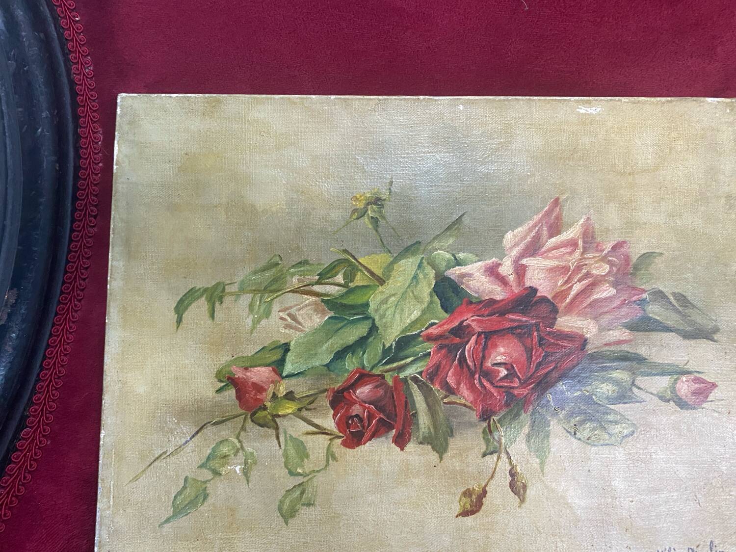 Oil on canvas signed "armful of roses" old
