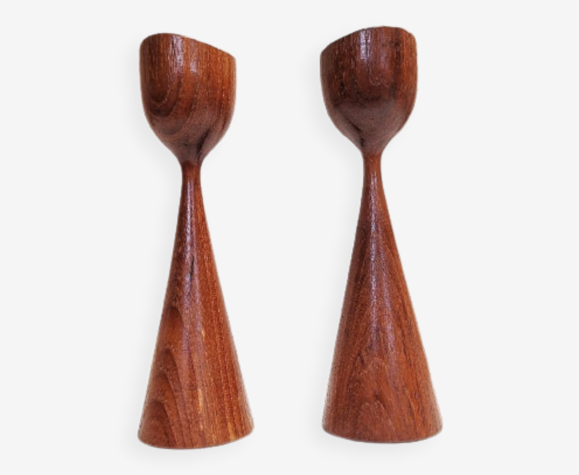 Paire de bougeoirs en teck scandinave