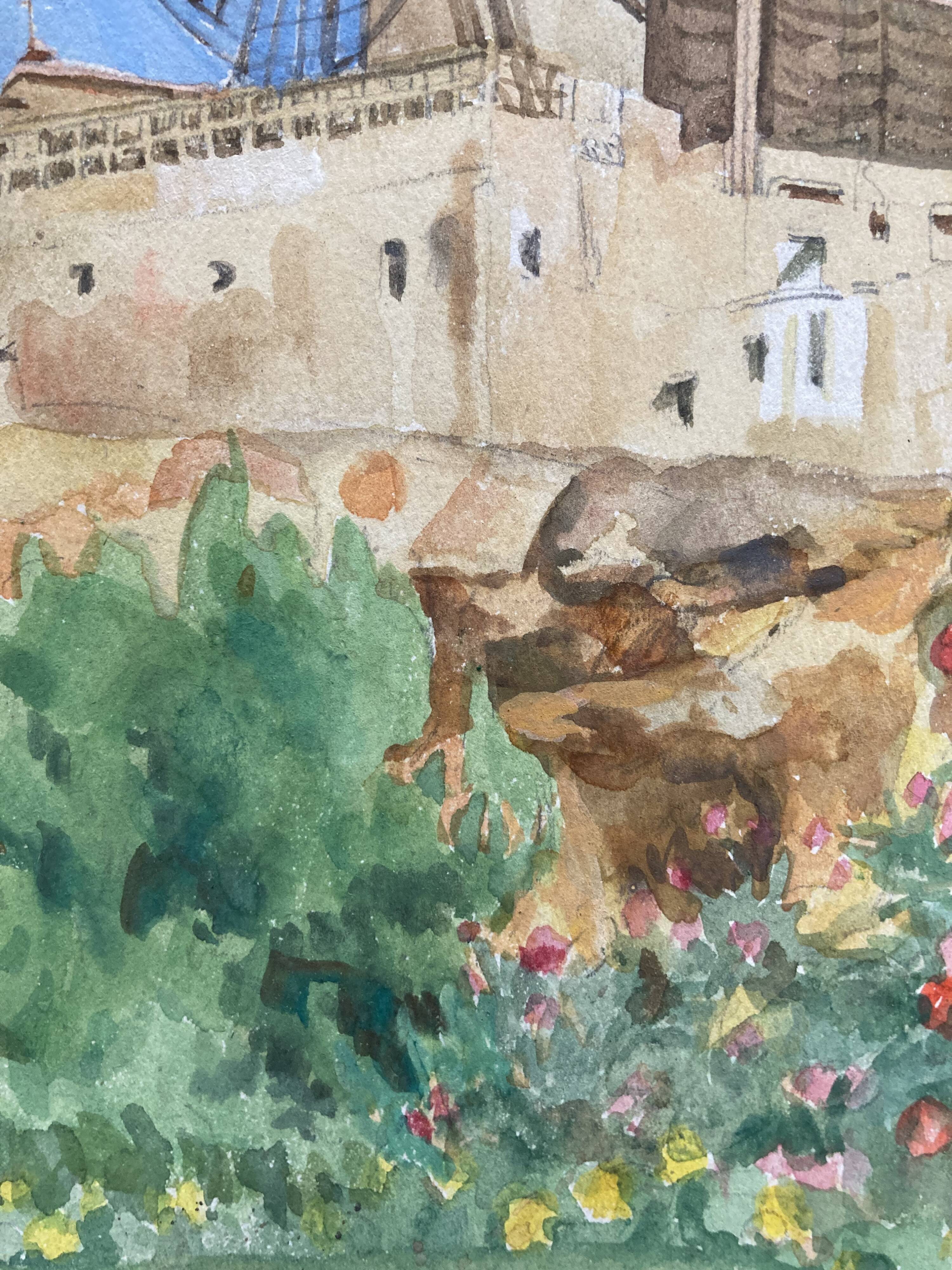 Watercolor landscape with vintage mills